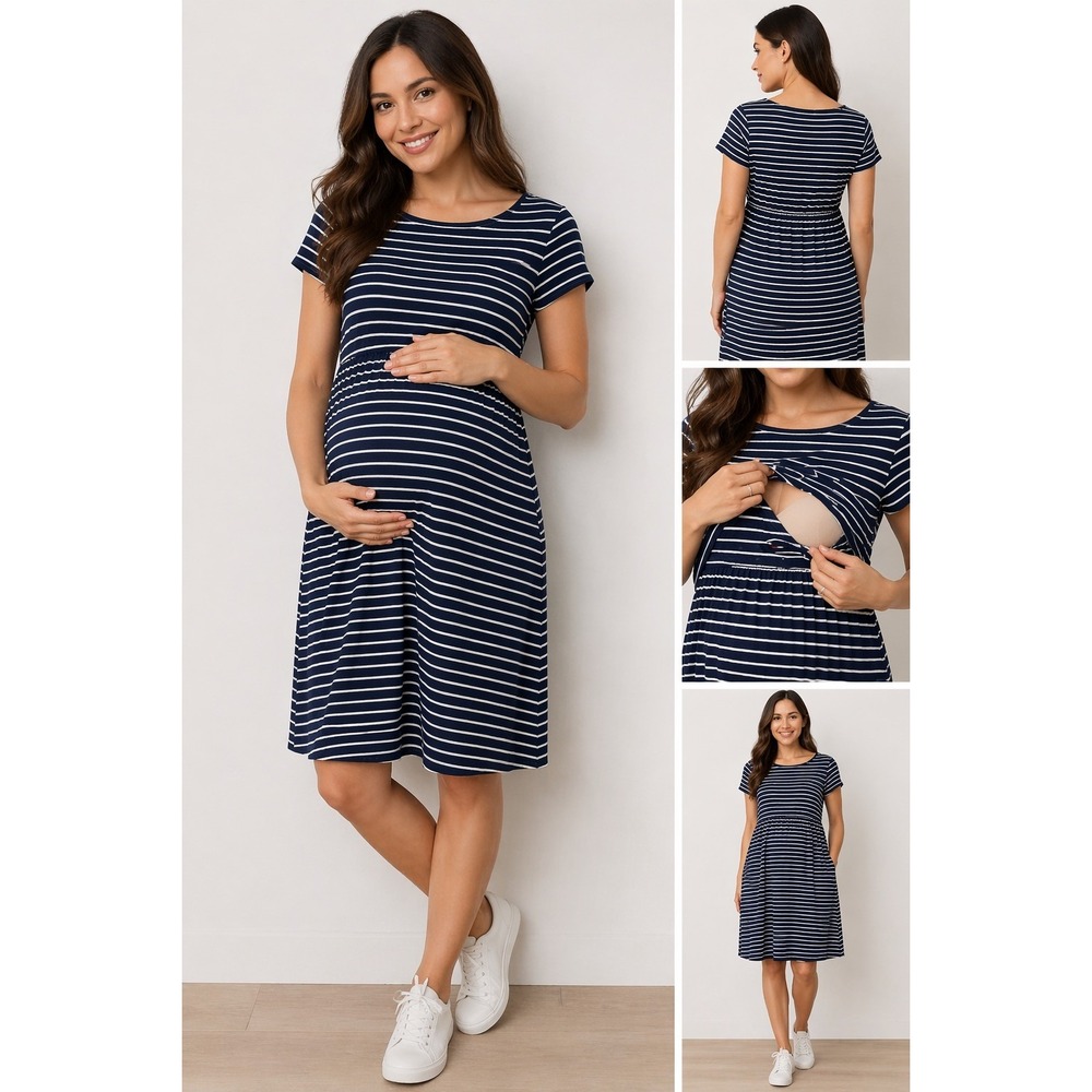 GAP Maternity Nursing Dress Small Blue White Stripe Layered Stretch Soft